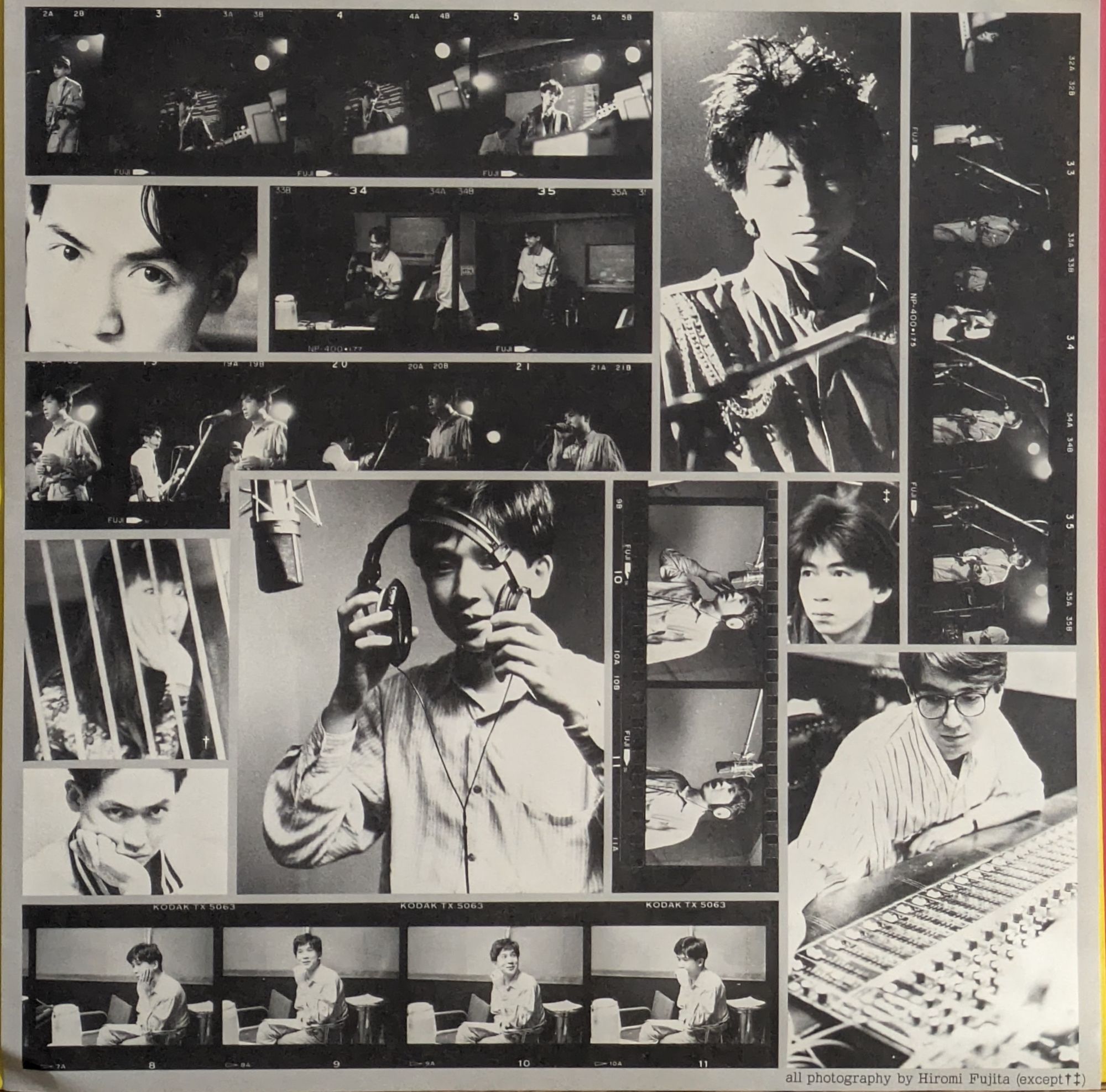 Various pictures of the band in the studio; band members are unlabeled